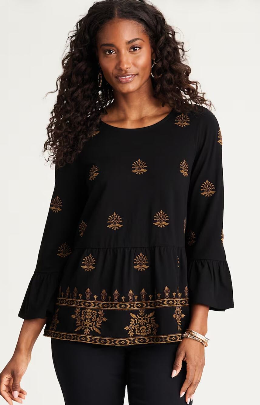 J. Jill Pure Womens S Black Gold Embroidered Bell Sleeve Modal Knit Boho Top NEW